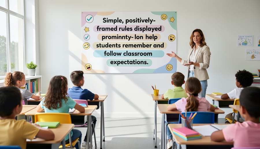 Student pointing at positively-worded classroom rules poster on wall
