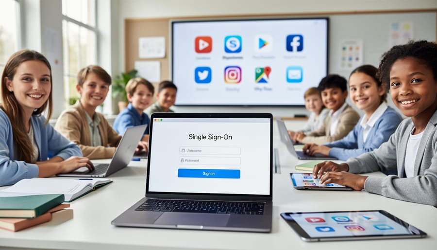 Teacher using single sign-on on smartphone with laptop showing learning management system