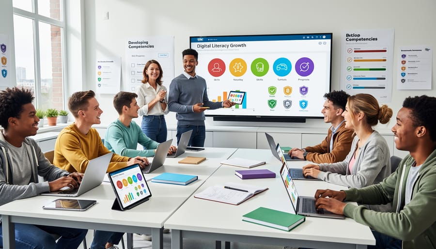 Student confidently presenting digital work to peers in classroom