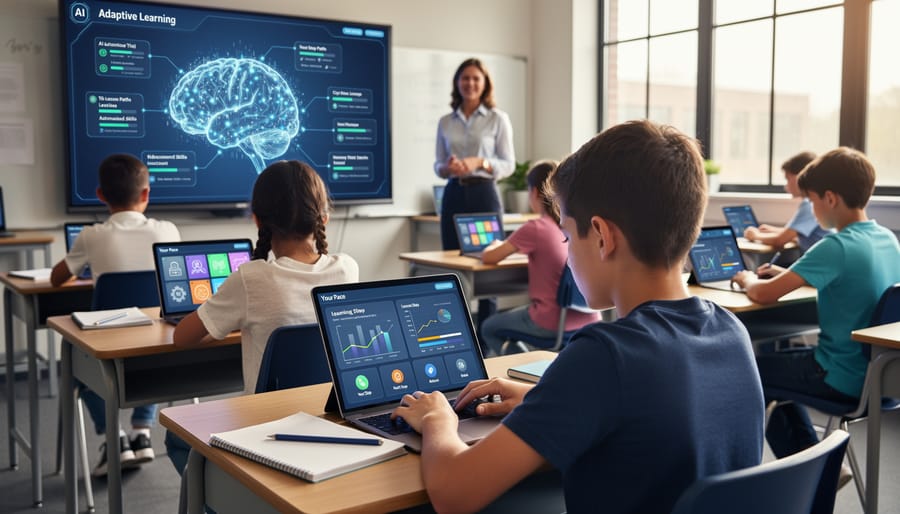 Diverse elementary students engaged with tablets in modern classroom setting