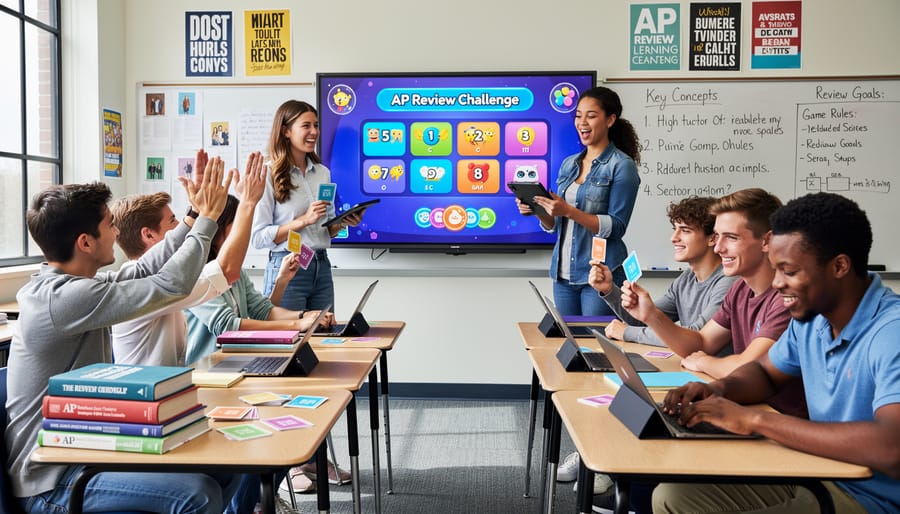 High school students celebrating and high-fiving during successful classroom review activity