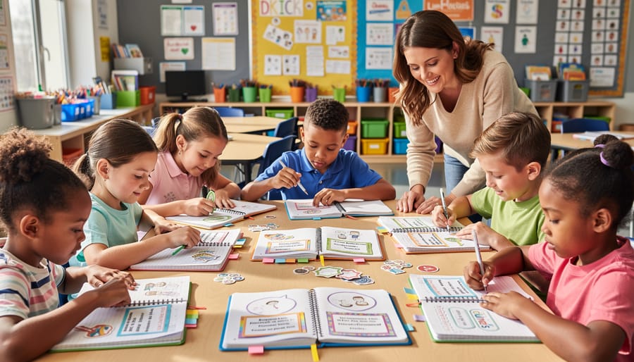 Elementary students and a teacher collaborate at a table, decorating interactive notebooks with colorful tabs and drawings, with a softly blurred classroom in the background