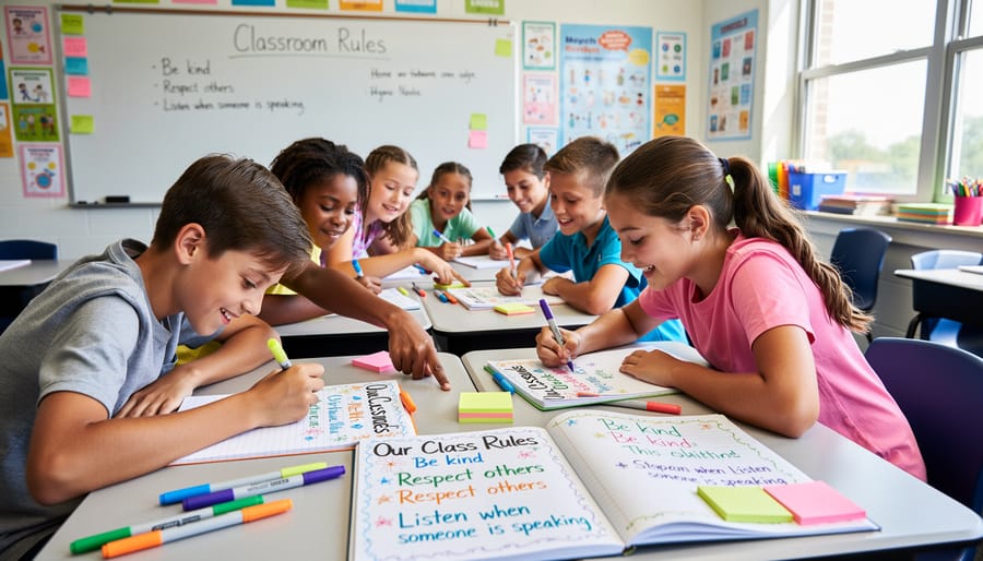 Group of middle school students collaboratively writing in colorful notebooks during classroom activity
