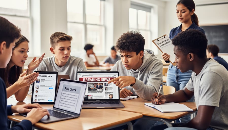 Students collaborating around laptop computer in classroom setting