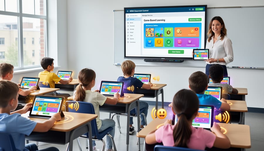 Students engaged in interactive educational game on classroom tablets