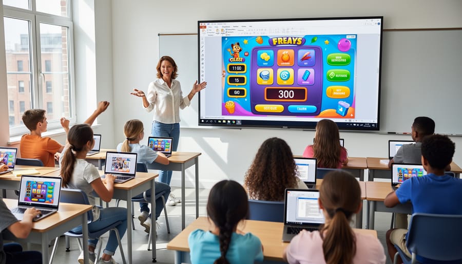 Teacher and elementary students gathered around laptop engaged with interactive game