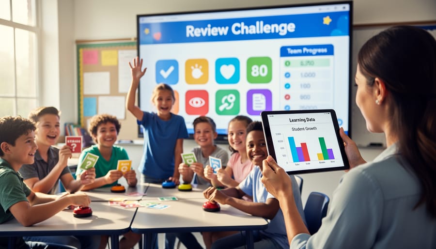 Students celebrating and showing excitement during interactive classroom review game