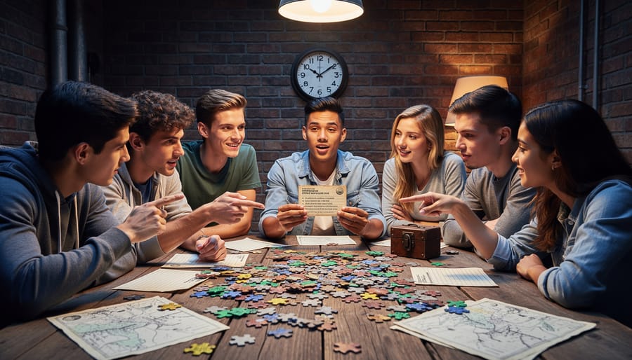 Two students working closely together examining an escape room puzzle piece
