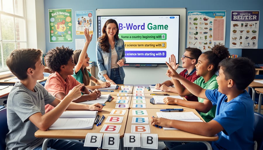 Elementary students enthusiastically raising hands during classroom game activity