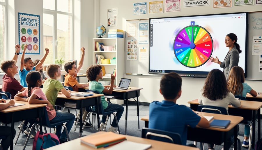 Elementary students with raised hands showing excitement as teacher uses classroom spinner wheel