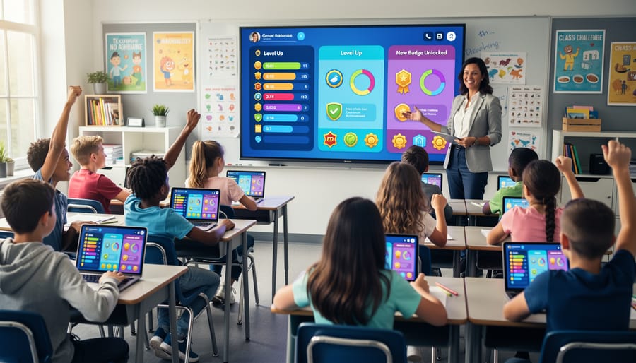 Students engaged with gamified learning activities on tablets in classroom setting