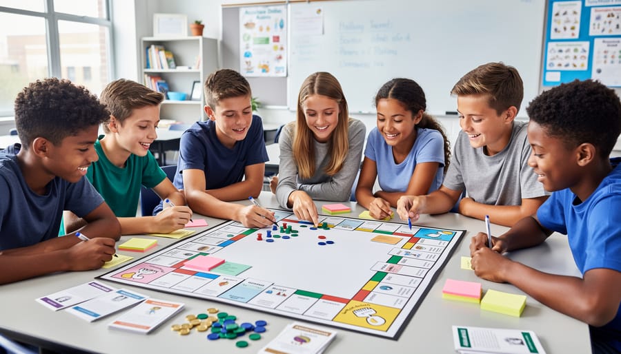 Overhead view of elementary students sitting in circle around colorful blank board game template on classroom floor