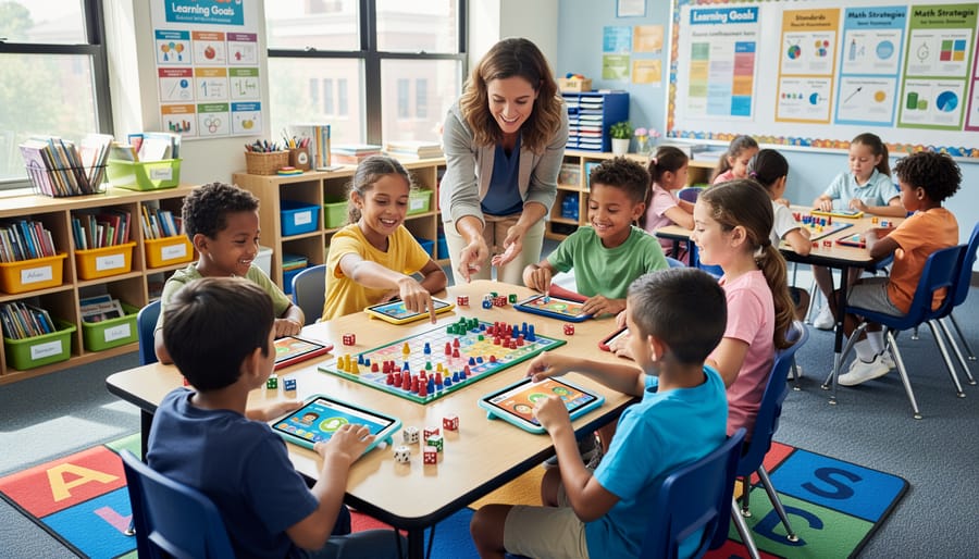 Elementary students sitting in circle on classroom floor participating in interactive learning game