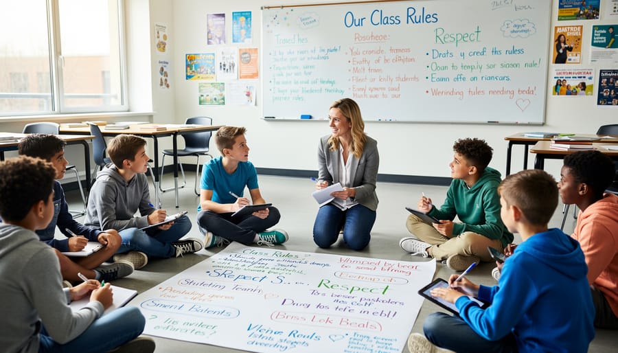 Elementary students raising hands enthusiastically during collaborative classroom discussion with teacher