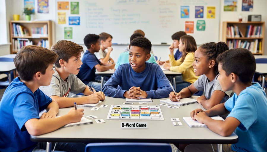 Students organized in teams during B-Word Game showing active listening and engagement