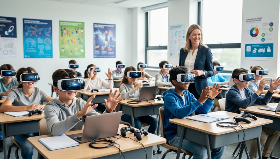 Elementary students wearing VR headsets in classroom showing engaged expressions