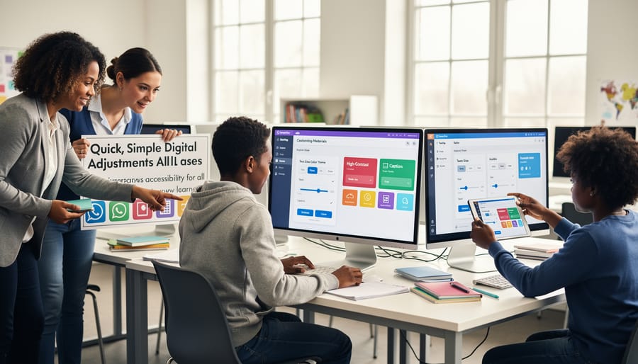 Teacher's hands adjusting accessibility settings on laptop at classroom desk