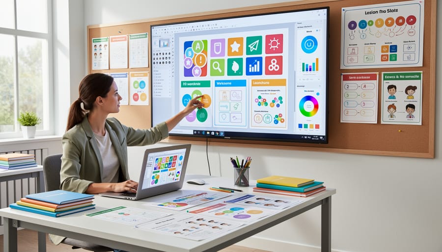 Teacher's hands organizing colorful educational materials and worksheets on classroom desk