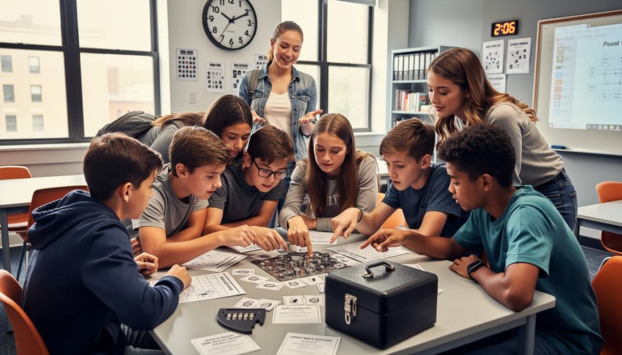 Teacher facilitating escape room activity while students collaborate on puzzles