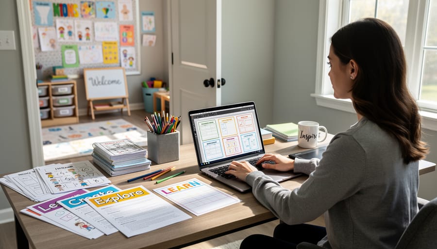 Laptop showing educational game design on teacher's home workspace desk