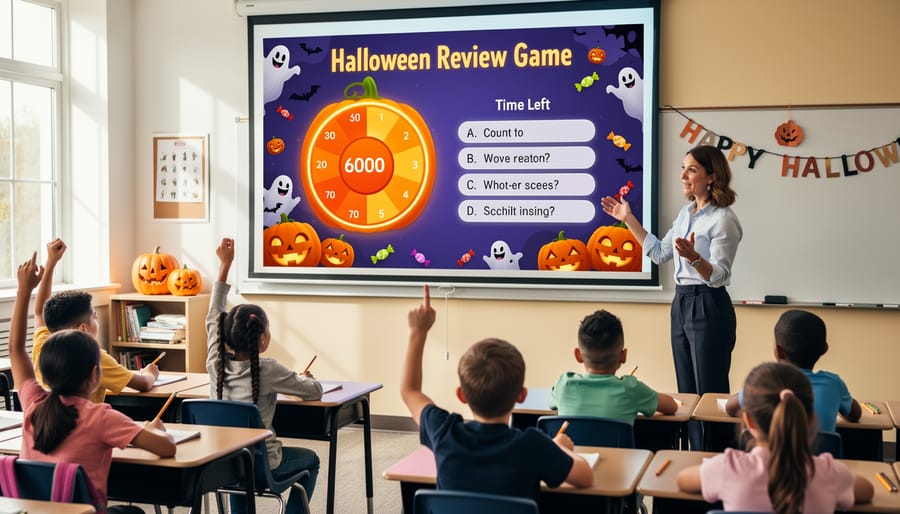 Teacher using remote control to operate Halloween timer in PowerPoint classroom game