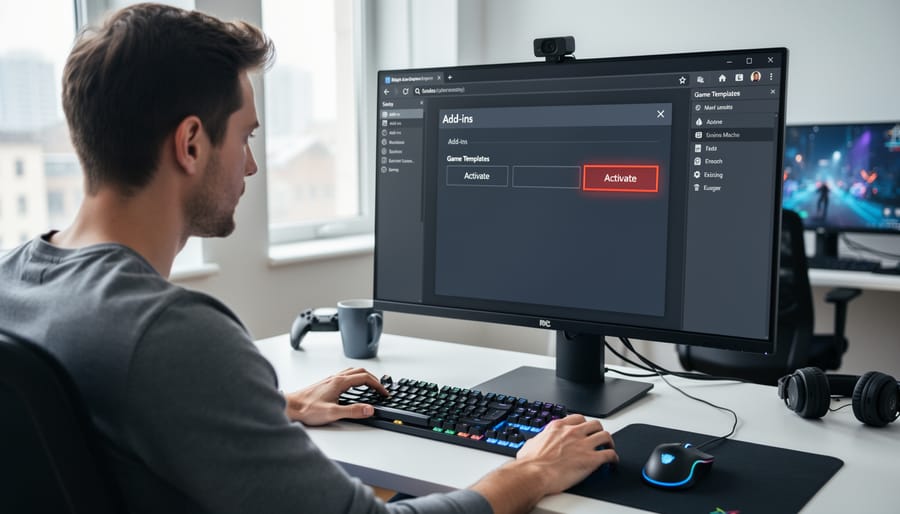 Teacher working on laptop installing PowerPoint add-ins for classroom games