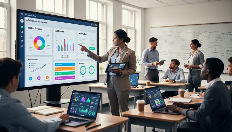 Teacher reviewing student progress data on tablet in classroom environment