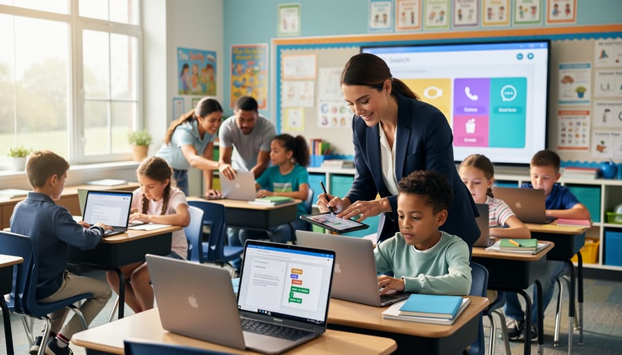 Teacher observing and documenting student digital literacy skills during classroom activity