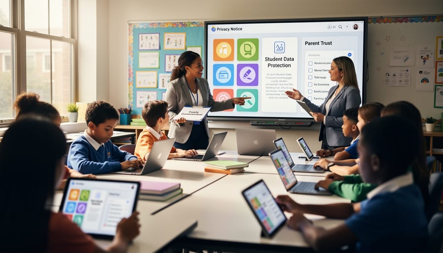 Teacher supervising students using educational technology in classroom setting