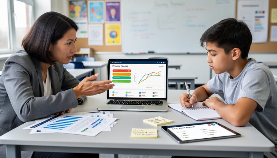 Teacher and student reviewing performance data together in supportive classroom discussion