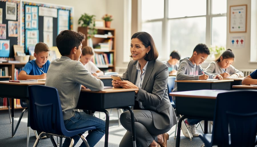 Teacher observing and engaging with diverse students during collaborative classroom activity