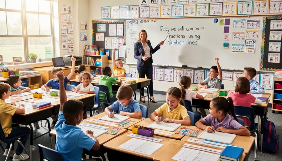 Teacher working with small group of elementary students at table during literacy instruction