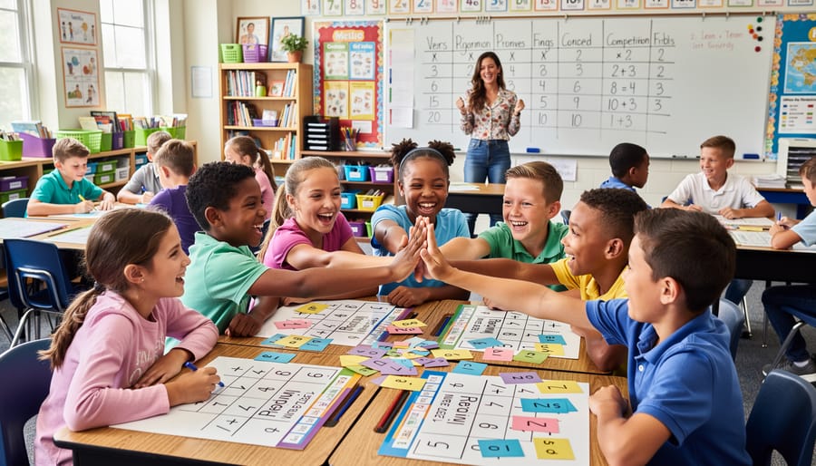 Fifth grade students working in teams during interactive classroom game activity