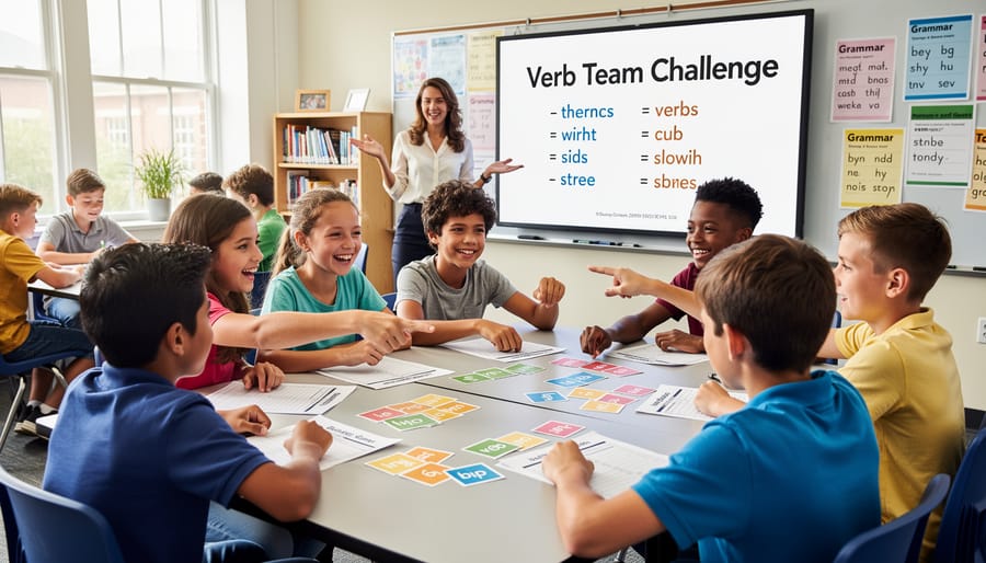 Student teams collaborating on interactive verb learning activity in classroom