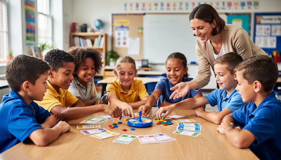 3rd–5th grade students play a collaborative review game with colorful cards and tokens at a classroom table as a teacher coaches, in bright natural light with blurred bookshelves and a whiteboard behind them.