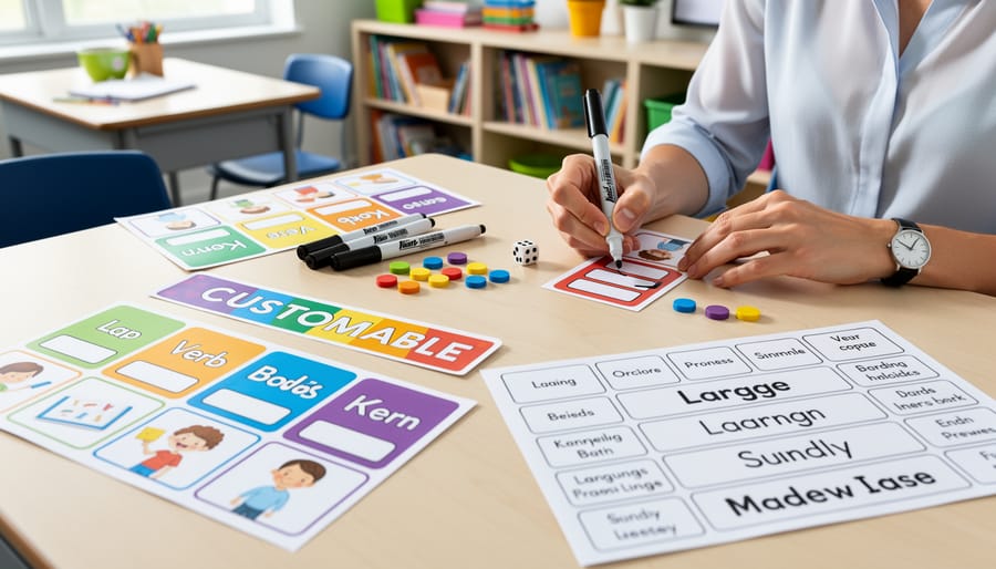Teacher organizing colorful verb game cards on classroom desk
