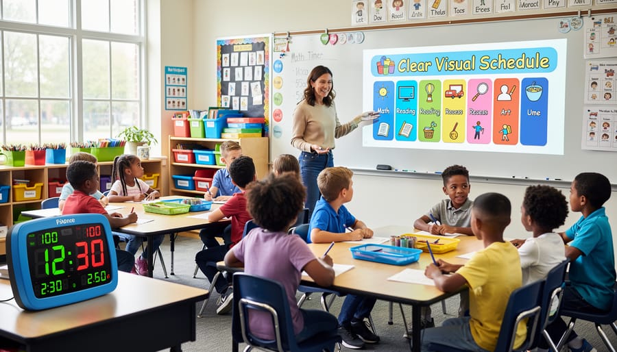 Student hands organizing visual schedule cards and timer on classroom desk