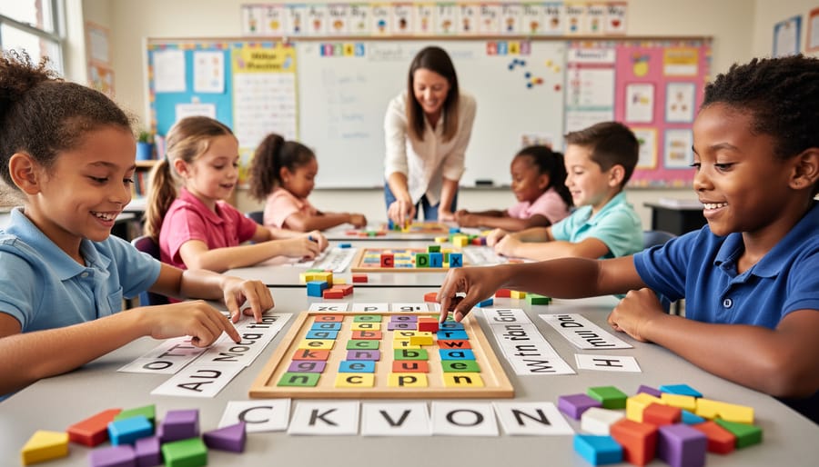 Teacher and student hands with colorful vocabulary cards during interactive word study game