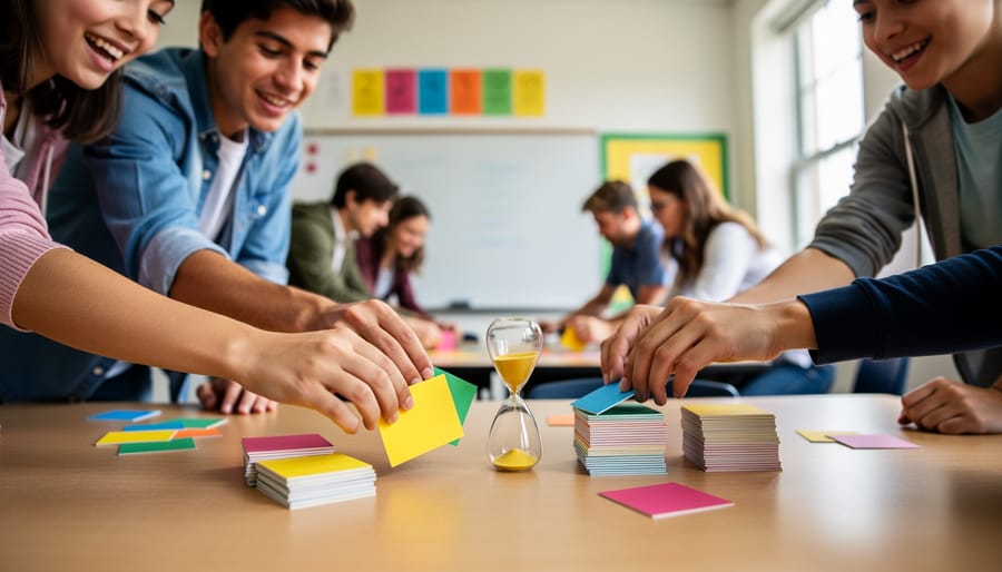 Diverse students lean over a desk, sorting colorful blank cards into three, two, and one piles next to a sand timer, with a softly blurred classroom of whiteboard, posters, and peers rotating through stations; no legible text visible.