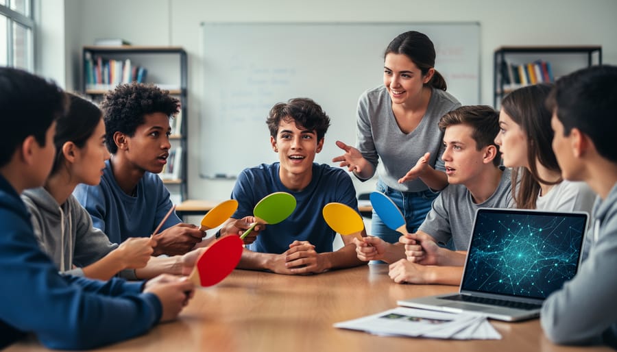 High school students and a teacher debate around a table holding colored paddles, with a laptop showing an abstract network graphic and blurred papers in a sunlit classroom.