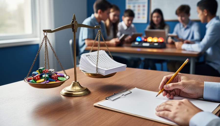 Balance scale on a teacher’s desk weighing colorful game tokens and dice against blank test sheets, with the teacher holding a pencil and students gathered around a quiz buzzer in the blurred background.