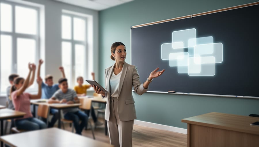 Teacher holding a tablet and pointing to a blackboard with softly projected, textless cards while students raise their hands in a classroom.