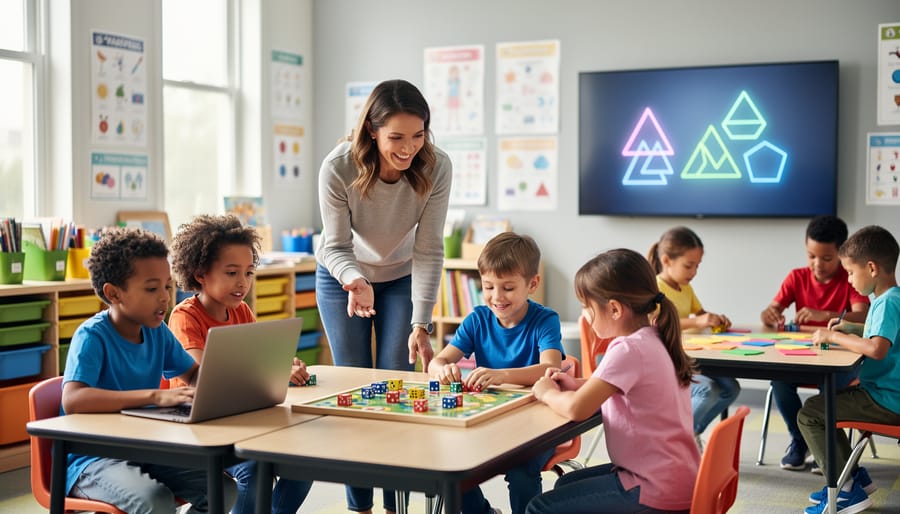 Teacher guiding students through blended learning stations—one pair on a laptop, another playing a board game with dice, and a third using colorful shape cards—inside a bright classroom with softly blurred posters and shelves.