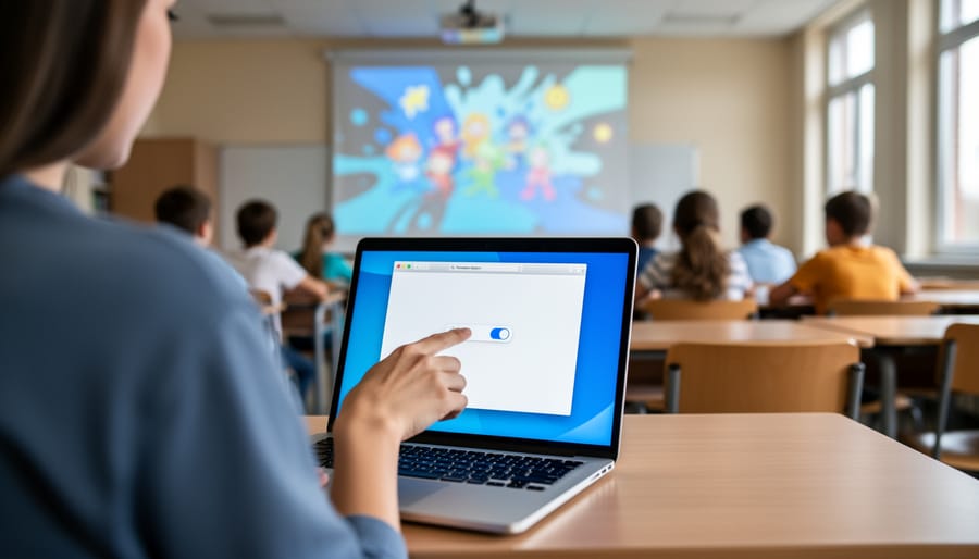 Over-the-shoulder view of a teacher toggling a browser setting on a laptop, with students and a projector showing colorful abstract game visuals blurred in the background under soft classroom daylight.