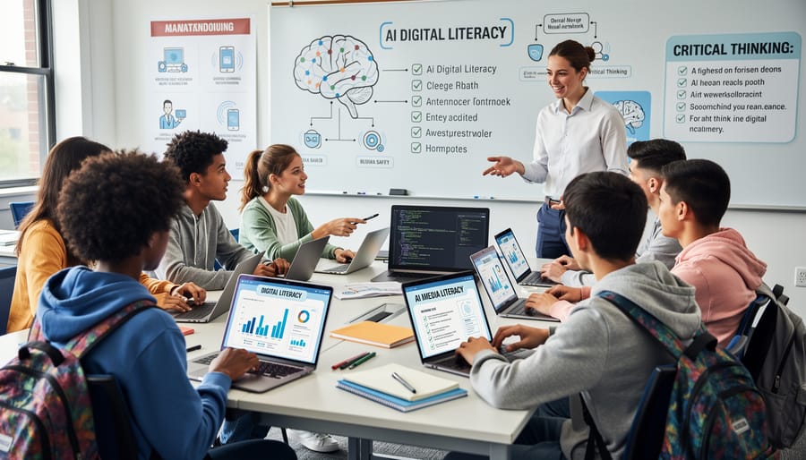 High school students collaborating in classroom with laptops during group discussion activity