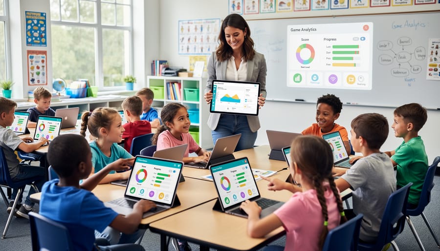 Teacher and students engaged with interactive learning game on tablet in classroom