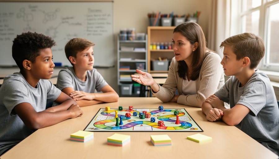 Teacher guiding three middle school students around a classroom table with a board game, dice, and blank sticky notes arranged in small groups, lit by soft daylight with classroom shelves and a whiteboard blurred behind them