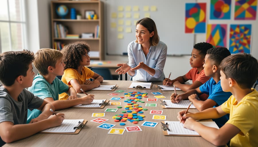 Teacher facilitating a post-game debrief with students around a table featuring colorful tokens, cards, and blank reflection sheets, in a softly lit classroom with a blurred whiteboard and blank sticky notes in the background.