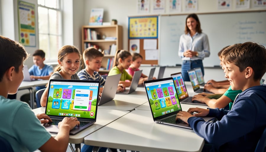 Elementary students engaged with interactive educational game displayed on classroom screen