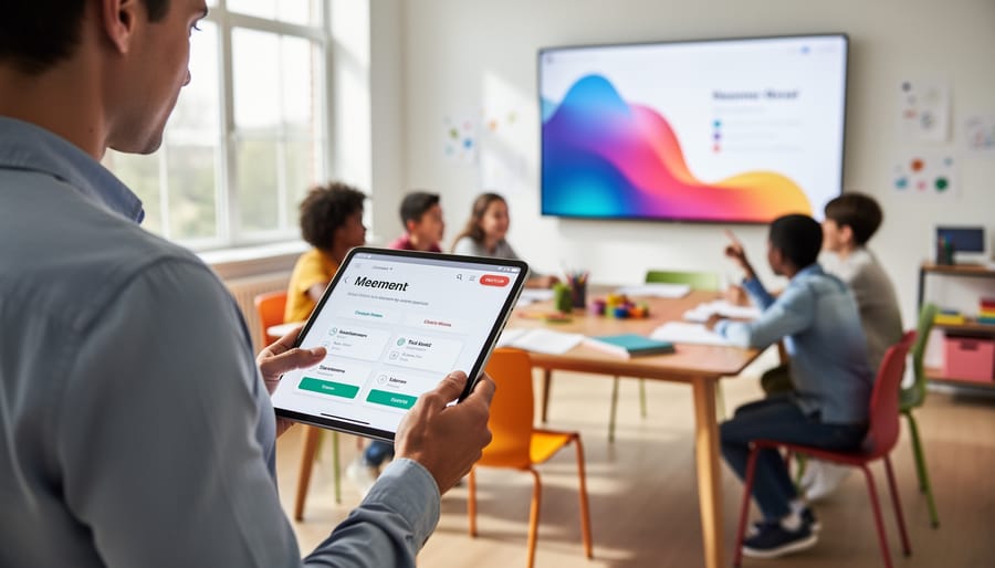 Over-the-shoulder view of a teacher holding a tablet in a sunlit classroom as student teams play a quiz; background display and device screens are softly blurred with colorful shapes, implying data-driven gameplay without readable text.